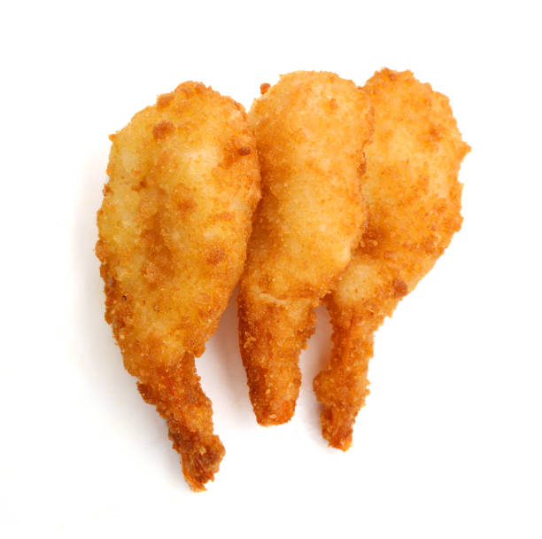 istock Breaded Butterfly Prawns - Deep fried battered prawns filled on white background 980411670