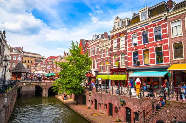 Traditional houses on the Oudegracht (Old Canal) in center of Utrecht, Netherlands.