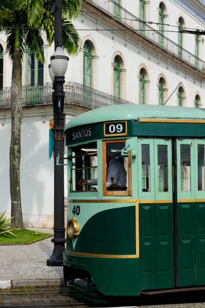 Santos, SP, Brazil - June 10, 2018: Restored streetcar from the early 20th century, which makes sightseeing through the neighborhood of Valongo
