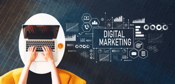 Digital Marketing with person using a laptop Digital Marketing with person using a laptop on a white table email campaign photos stock pictures, royalty-free photos & images