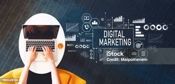 Digital Marketing With Person Using A Laptop Stock Photo - Download Image Now - Email Campaign, Marketing, Social Issues