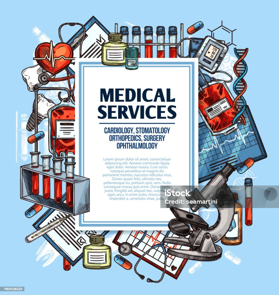 Poster Del Servizio Medico Con Cornice Di Schizzo Della Medicina - Immagini  vettoriali stock e altre immagini di Poster - iStock