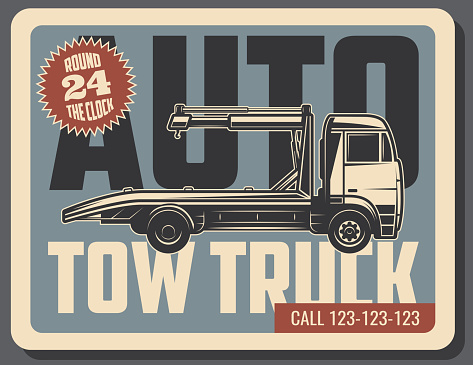 Tow truck retro grunge poster of emergency vehicle service. Towing and roadside assistance vintage banner with old wheel lift and flatbed truck for transportation themes design
