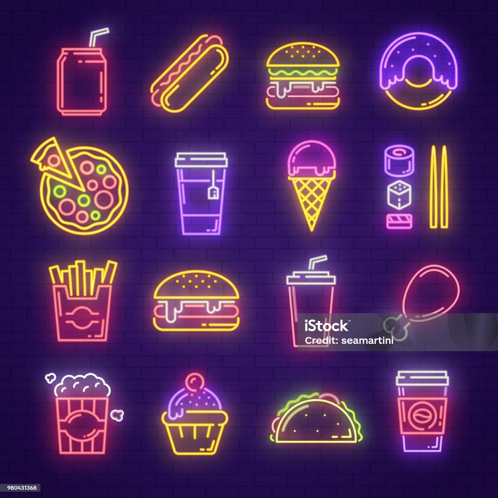Fast food and drink neon light sign for signboard Fast food and drink neon sign for fastfood restaurant, burger cafe or pizzeria design. Hamburger, hot dog and fries, cheeseburger, chicken and pizza, soda, coffee and sushi glowing light signboard Neon Lighting stock vector
