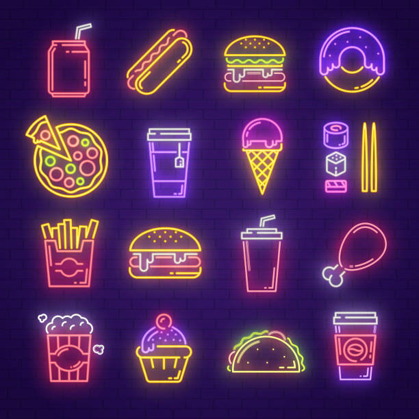 Fast food and drink neon light sign for signboard Fast food and drink neon sign for fastfood restaurant, burger cafe or pizzeria design. Hamburger, hot dog and fries, cheeseburger, chicken and pizza, soda, coffee and sushi glowing light signboard billboard illustrations stock illustrations