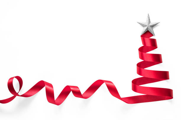 Red ribbon Christmas tree made of satin bow scroll with silver star isolated on white background with clipping path for winter xmas holiday greeting card design arts decoration element