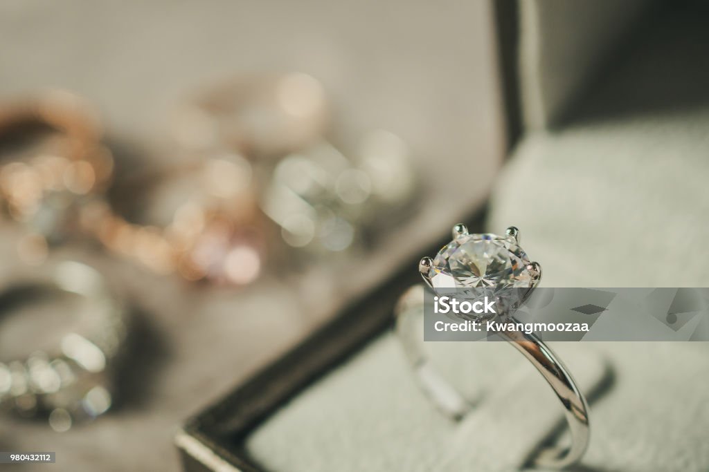 luxury engagement Diamond ring in jewelry gift box Engagement Ring Stock Photo