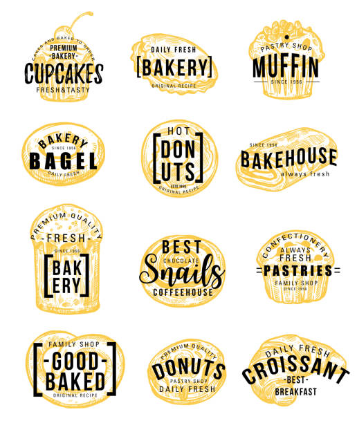 ilustrações de stock, clip art, desenhos animados e ícones de pastry and bakery shop sketch with hand lettering - pão fresco