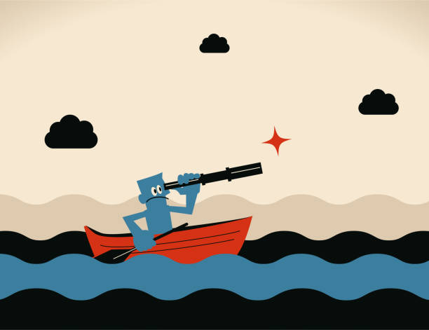 ilustrações de stock, clip art, desenhos animados e ícones de one brave businessman with oar and hand-held telescope rowing boat sailing on the ocean - star nautical vessel one person direction