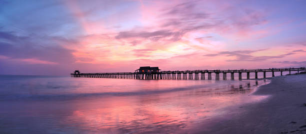 나폴리 부두에 분홍색과 보라색 일몰 - florida naples florida pier beach 뉴스 사진 이미지