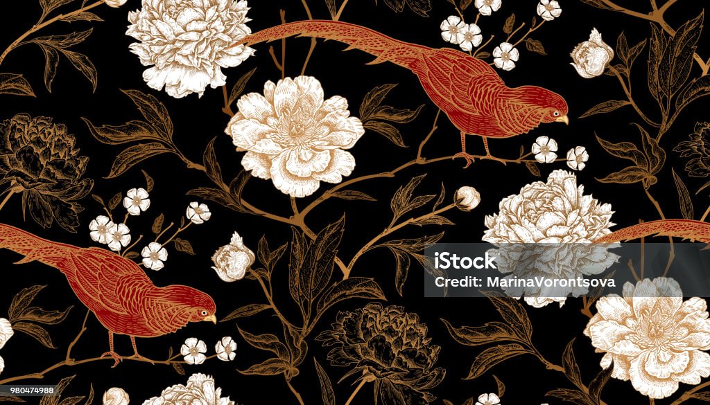 Seamless pattern with exotic bird pheasants and peony flowers. Peonies and pheasants. Floral vintage seamless pattern with flowers and birds. White, black, red and gold color. Oriental style. Vector illustration art. For design textiles, wrapping paper, wallpaper Flower stock vector