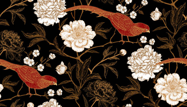 Seamless pattern with exotic bird pheasants and peony flowers. Peonies and pheasants. Floral vintage seamless pattern with flowers and birds. White, black, red and gold color. Oriental style. Vector illustration art. For design textiles, wrapping paper, wallpaper bird backgrounds stock illustrations