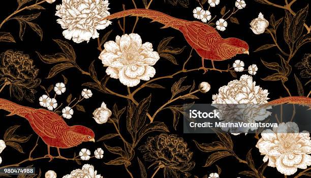 Seamless Pattern With Exotic Bird Pheasants And Peony Flowers Stock Illustration - Download Image Now