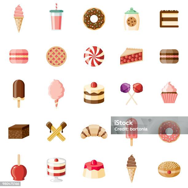 디저트 및 달콤한 음식 플랫 디자인 아이콘 세트 케이크에 대한 스톡 벡터 아트 및 기타 이미지 - 케이크, 후식, 사탕