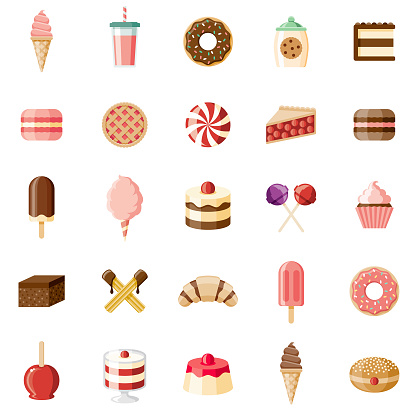 A set of flat design styled desserts and sweet foods icons with a long side shadow. Color swatches are global so it’s easy to edit and change the colors. File is built in the CMYK color space for optimal printing.