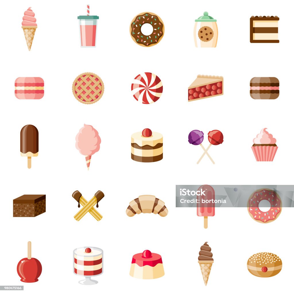 Desserts & Sweet Foods Flat Design Icon Set A set of flat design styled desserts and sweet foods icons with a long side shadow. Color swatches are global so it’s easy to edit and change the colors. File is built in the CMYK color space for optimal printing. Cake stock vector