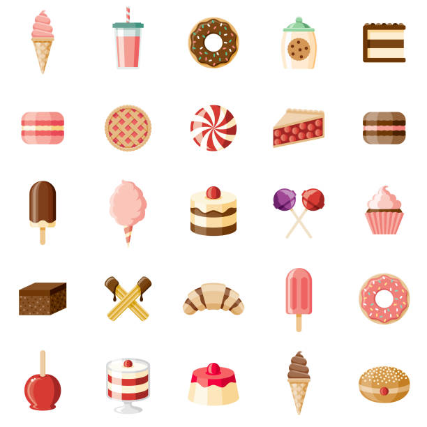Desserts & Sweet Foods Flat Design Icon Set A set of flat design styled desserts and sweet foods icons with a long side shadow. Color swatches are global so it’s easy to edit and change the colors. File is built in the CMYK color space for optimal printing. dessert stock illustrations