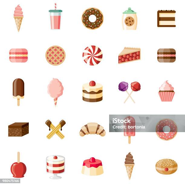 Desserts Sweet Foods Flat Design Icon Set Stock Illustration - Download Image Now - Cake, Dessert - Sweet Food, Candy