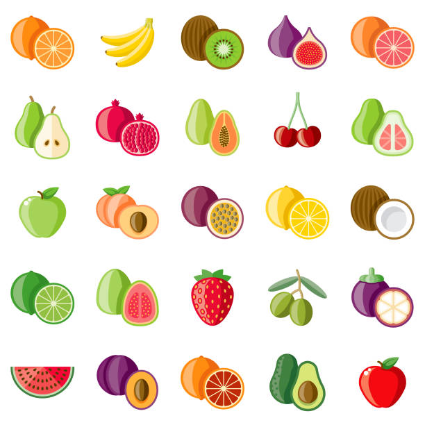 ilustraciones, imágenes clip art, dibujos animados e iconos de stock de conjunto de iconos de diseño plano de frutas - fruta ilustraciones