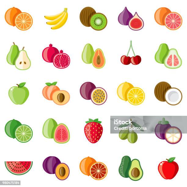 Vetores de Conjunto De Ícones De Design Plano De Frutas e mais imagens de Fruta - Fruta, Ilustração e Pintura, Vector