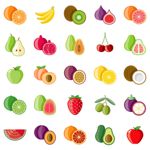 Fruits Flat Design Icon Set A set of flat design styled fruits icons with a long side shadow. Color swatches are global so it’s easy to edit and change the colors. File is built in the CMYK color space for optimal printing. apple fruit stock illustrations