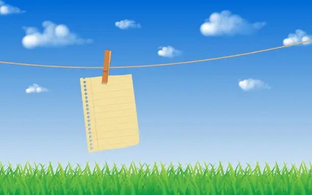 Vector illustration of note paper hanging on rope blue sky