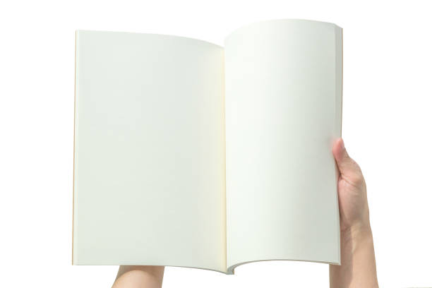 istock Blank open book mockup template in woman's hands with paper texture copyspace isolated on white background (clipping path) 980518942
