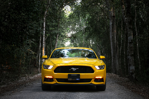 Xpujil, Mexico - May 19, 2017: Yellow muscle car Ford Mustang at the countryside.