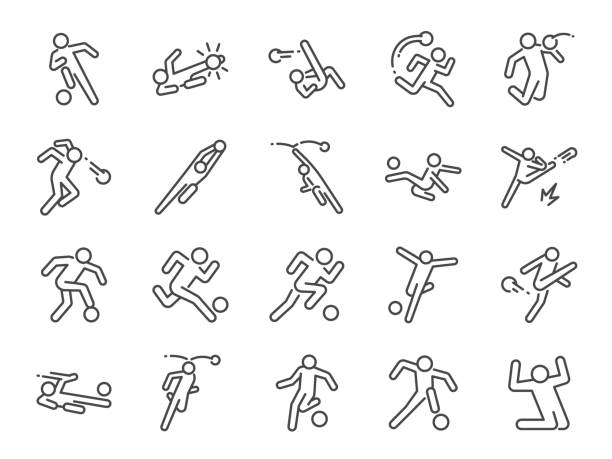 ilustrações de stock, clip art, desenhos animados e ícones de soccer in actions line icon set. included icons as football player, goalkeeper, dribble, overhead kick, volley kick, shoot and more. - football icons