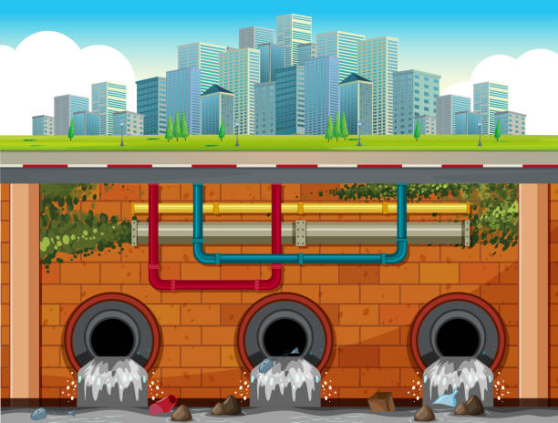 빅 타운의 드레인 시스템 지 하 - pipe pvc drain sewer stock illustrations