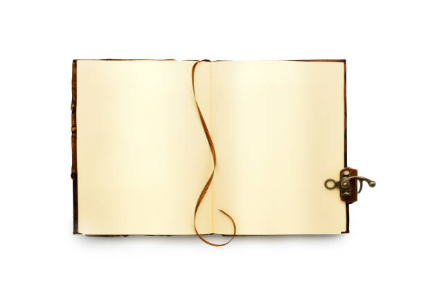 istock Open book with yellow pages, with a bookmark. Leather binding with lock. Isolated. Vintage Top view 980545574