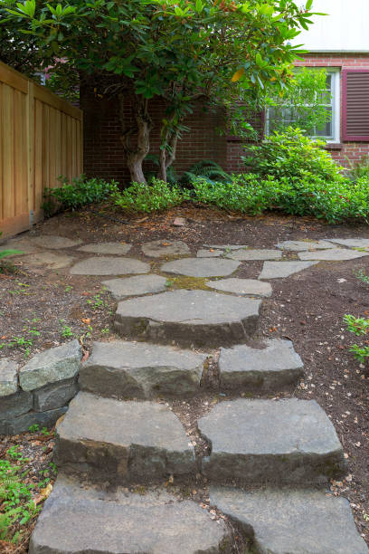 istock Steeping Stone Steps and Path to house fenced backyard garden 980569802