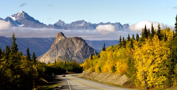 Chugach Mountains Matanuska River Valley Alaska Highway United States Mountains in the Chugach Range stand above the clouds rising from the Valley in Alaska North America chugach national forest photos stock pictures, royalty-free photos & images