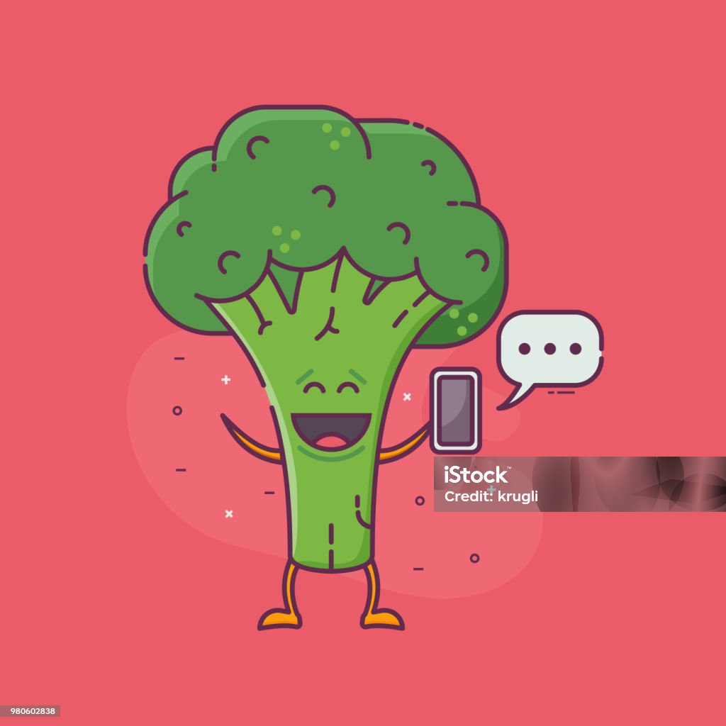 Smiling Broccoli Character Messaging Smiling green broccoli messaging. Sending and receiving messages or email concept with cute vegetable broccoli or cabbage character holding smartphone. Vegetarian social network illustration. Anthropomorphic Face stock vector