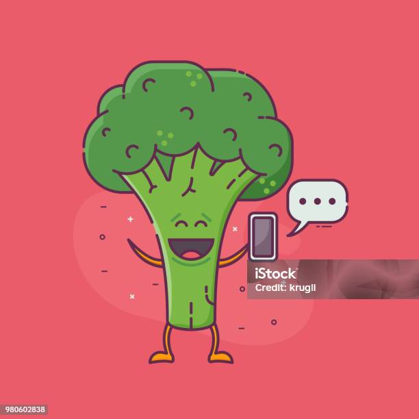 Smiling Broccoli Character Messaging Stock Illustration - Download Image Now - Anthropomorphic Face, Backgrounds, Broccoli