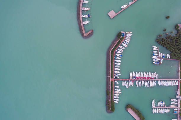 White sailing boats in Lake Balaton, drone top view
