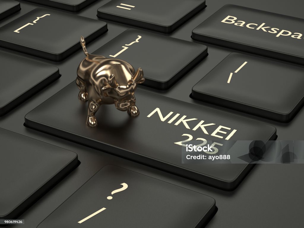 3d render of computer keyboard with NIKKEI 225 index 3d render closeup of computer keyboard with bull and NIKKEI 225  index button. Stock market indexes concept. Nikkei Index Stock Photo