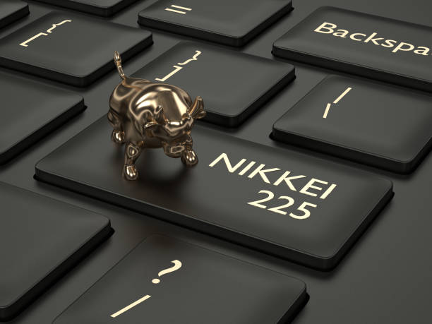 3d render of computer keyboard with NIKKEI 225 index 3d render closeup of computer keyboard with bull and NIKKEI 225 index button. Stock market indexes concept. nikkei index stock pictures, royalty-free photos & images
