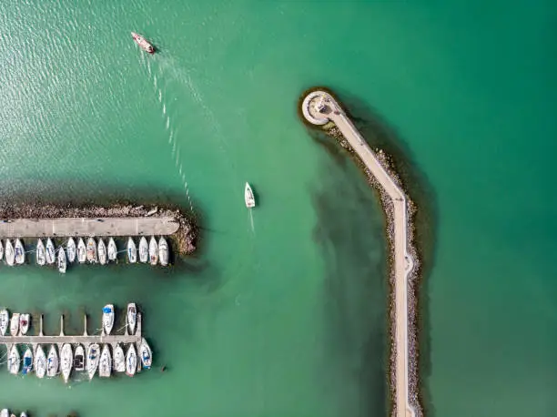 White sailing boats in Lake Balaton, drone top view