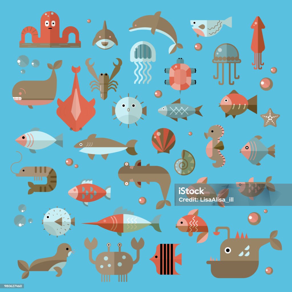 Set Of Vector Flat Sealife Elements Plants And Sea Animals Shark Jellyfish  Octopus And Others Collection Of Modern Sea Underwater Life Stock  Illustration - Download Image Now - iStock
