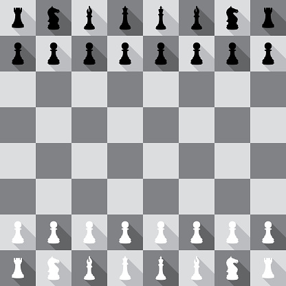 Vector illustration of black and white chess pieces on a chess board in flat style.