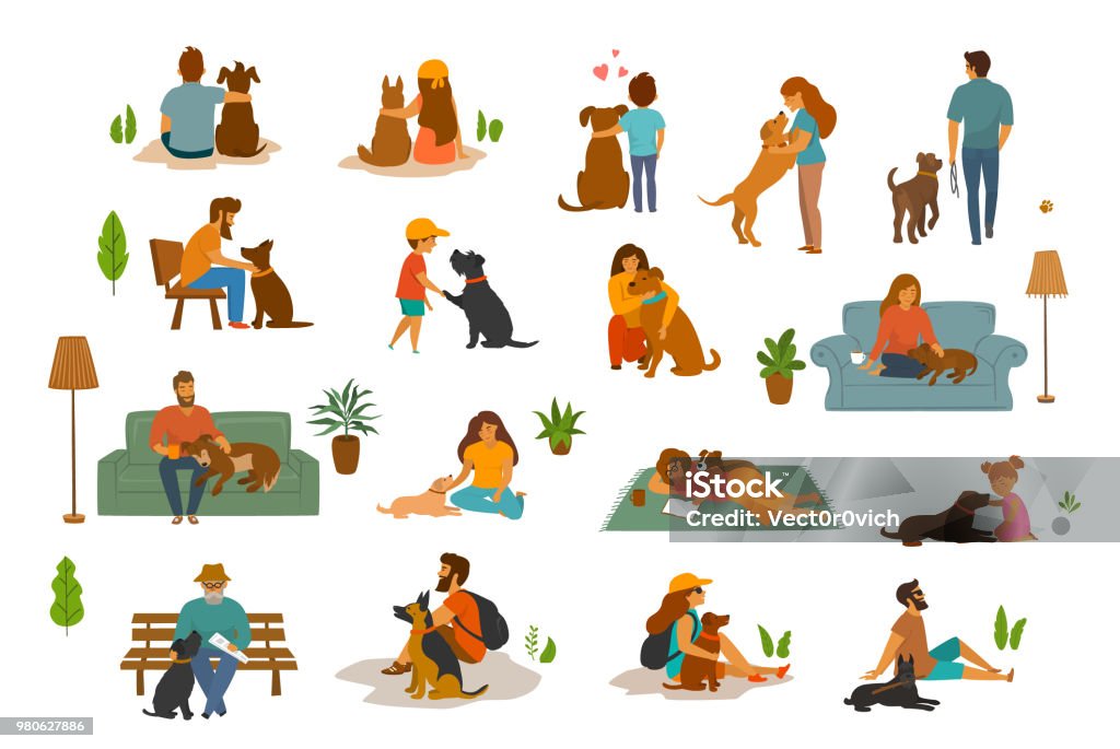 les gens homme femme, adultes et enfants avec chiens scènes ensemble, les humains et leurs animaux de compagnie bien-aimé à la maison, dans le parc, voyageant ensemble. Meilleurs graphismes de dessin animé mignon amis - clipart vectoriel de Chien libre de droits