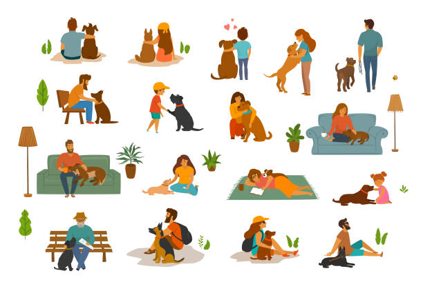 사람들 남자 여자, 성인 및 아동 개 장면 세트, 인간 및 그들의 사랑 하는 애완 동물을 가정에서, 공원에서 함께 여행. 최고의 친구 귀여운 만화 그래픽 - 등 일러스트 stock illustrations