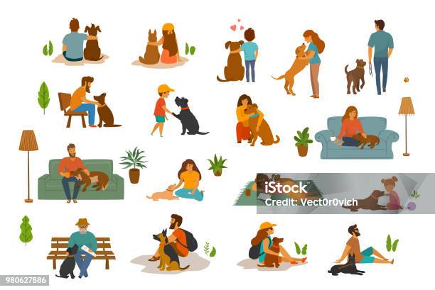 People Man Woman Adults And Children With Dogs Scenes Set Humans And Their Beloved Pets At Home In The Park Traveling Together Best Friends Cute Cartoon Graphics Stock Illustration - Download Image Now