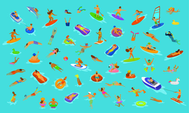 ilustraciones, imágenes clip art, dibujos animados e iconos de stock de las personas hombre y mujer, niñas y niños en colchones flotadores, buceo en el mar, agua, piscina o mar. constructor de escenas de vacaciones verano playa con divertidos dibujos animados de colección de seres humanos sobre fondo azul - aleta equipo de buceo