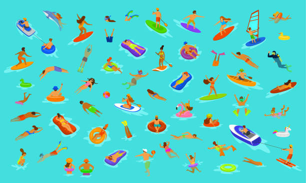 ilustrações, clipart, desenhos animados e ícones de as pessoas homem e mulher, meninas e rapazes nadando no colchão de carros alegóricos, mergulhando na piscina, água, mar ou oceano. construtor de cenas de férias de praia de verão com divertido dos desenhos animados coleção de seres humanos, sobre fu - boia equipamento de desporto aquático