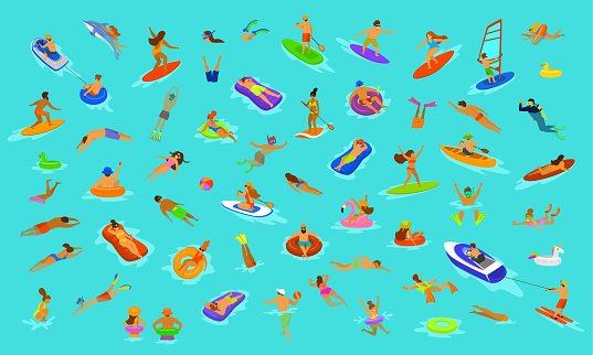 people man and woman, girls and boys swimming in floats mattress, diving into sea, water, pool or ocean. Summer beach vacations scenes constructor with fun cartoon humans collection over blue background
