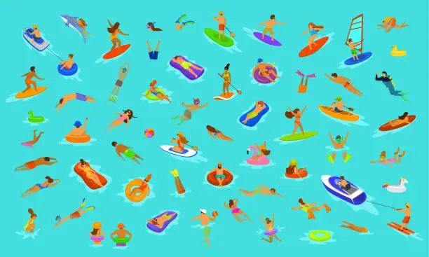 Vector illustration of people man and woman, girls and boys swimming in floats mattress, diving into sea, water, pool or ocean. Summer beach vacations scenes constructor with fun cartoon humans collection over blue background