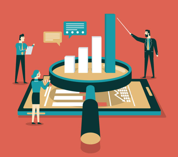 Data analysis flat isometric vector concept Flat isometric design of data analysis and technology concept. looking at digital display stock illustrations