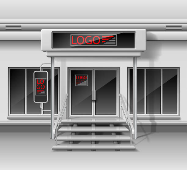 istock Template for advertising 3d store front facade. Shop exterior with door, corporate identity. Blank mockup of storefront and shop exterior. Vector illustration 980632910